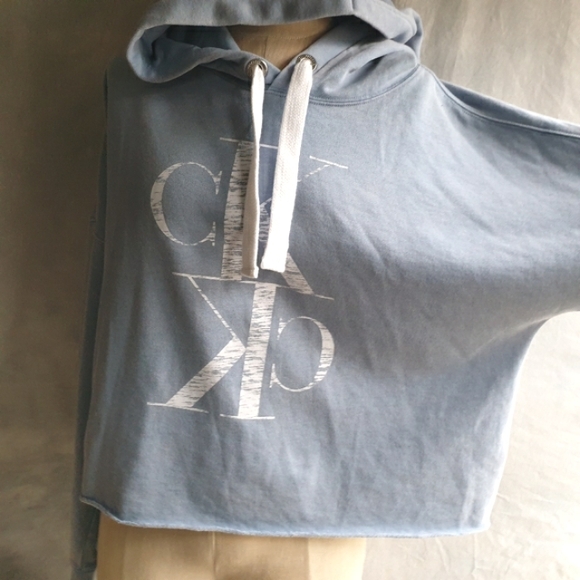 Calvin Klein Jeans Baby Blue Raw Hem Distressed Logo Comfy Hoodie  Sweatshirt MD - Picture 11 of 15